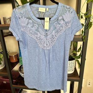Anthropologie Deletta Linen Cotton Lace Accented Comfort Boho Top NWT Size S